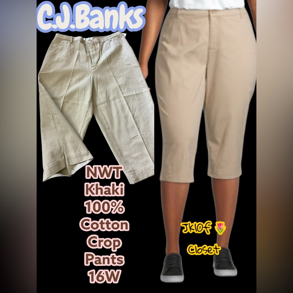 LOWEST 🌺 NWT CJ Banks Sz16W KHAKI 100% COTTON CROP PANTS